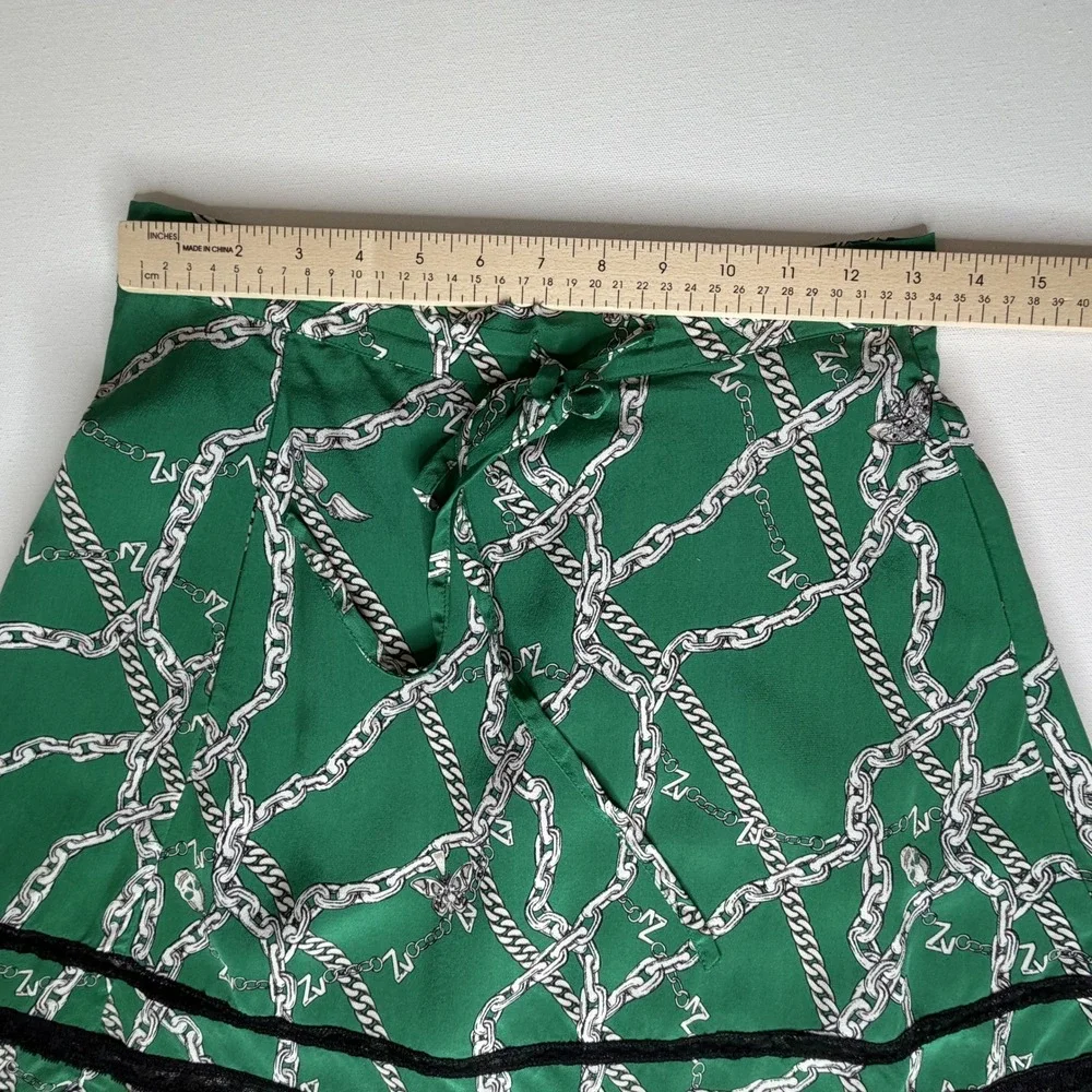 Zadig & Voltaire Jaelle Chaines Green Silk Lace Trim Mini‎ Skirt Sz 34 Old Money